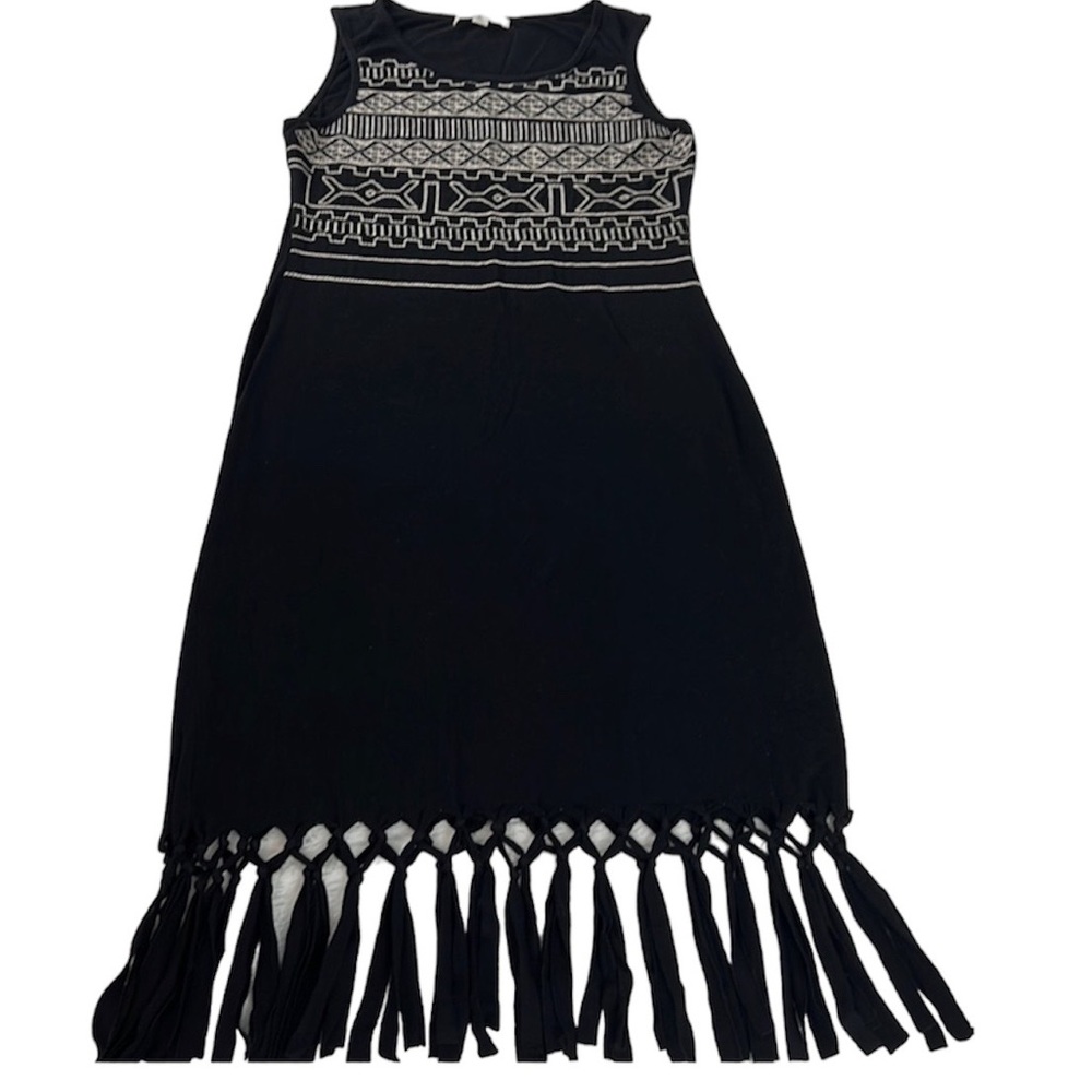 Boho Ya Los Angeles Fringe Aztec Dress Embroidered Print Black & Cream Festival